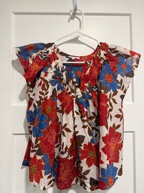Maurices Red & Blue Floral Flutter Sleeve Top